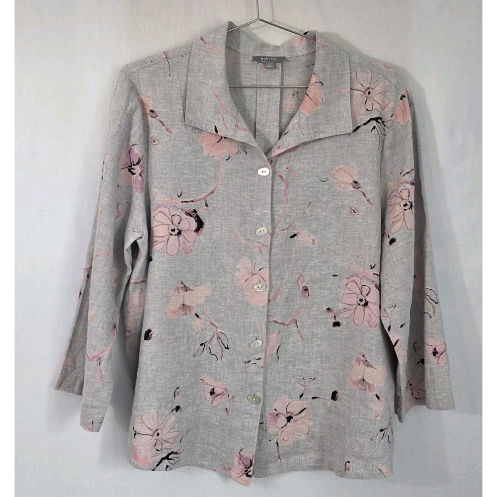 Habitat Button Up L Heavier Weight Linen Gray Pink Floral Resort Dressy Feminine